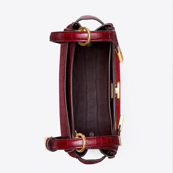 TORY BURCH LEE RADZIWILL SADDLE BAG CROC EMBOSSED LEATHER & SUEDE IN ROMA RED - Picture 5 of 13